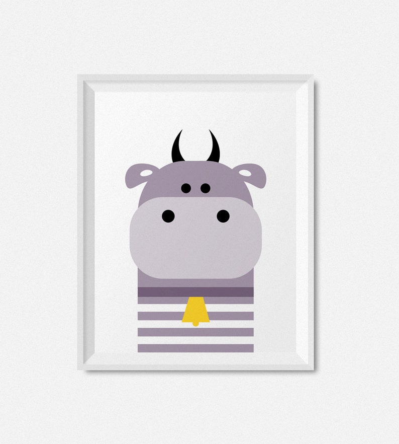 May include: A purple and white cartoon cow with black eyes and a yellow bell around its neck. The cow is wearing a striped shirt.