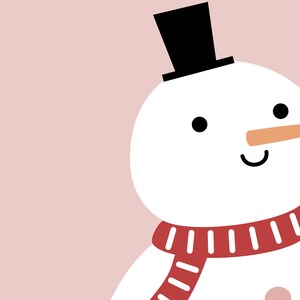 May include: A cartoon snowman with a black top hat, red and white striped scarf, and a carrot nose. The snowman is on a pink background.