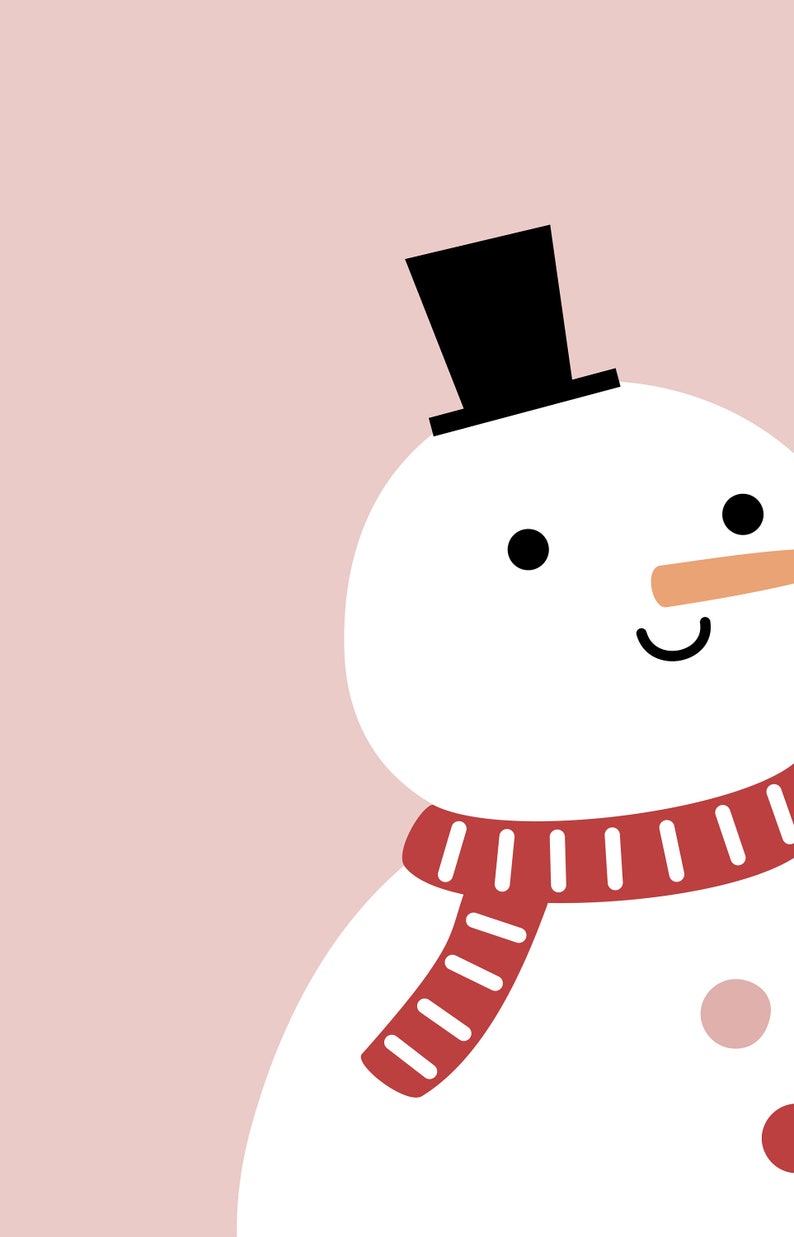 May include: A cartoon snowman with a black top hat, red and white striped scarf, and a carrot nose. The snowman is on a pink background.