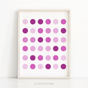 May include: A framed print with a geometric pattern of pink and purple circles arranged in a grid.