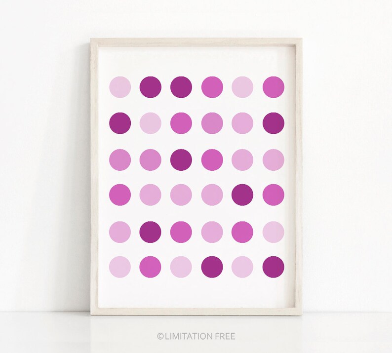 May include: A framed print with a geometric pattern of pink and purple circles arranged in a grid.