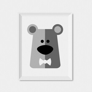 May include: A black and white illustration of a bear wearing a bow tie. The bear is smiling and has a simple design.