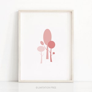 May include: A framed print with a minimalist design featuring three pink trees with rounded tops. The trees are different sizes and shades of pink, creating a subtle gradient effect.