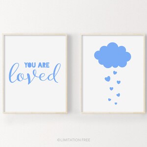 Blue Nursery Print Set, Baby Wall Art Prints, Digital Nursery Art, Cloud Print, Nursery Quote You Are Loved, Baby Boy Gift Idea, Baby Prints