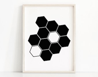 May include: Black and white geometric honeycomb pattern print in a white frame.