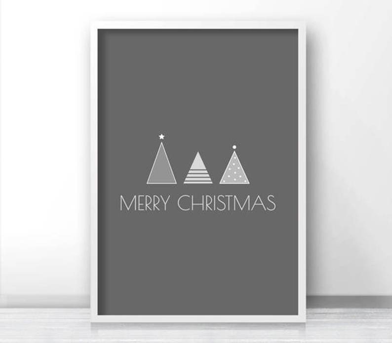 May include: A gray and white printable Christmas card with three stylized Christmas trees and the text "Merry Christmas".