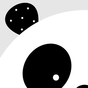 May include: Black and white illustration of a panda bear's face. The panda has a black eye with a white dot in the centre and a black ear with white polka dots.