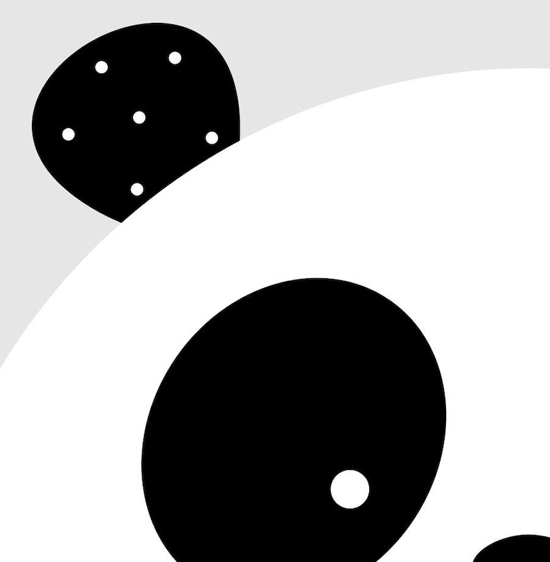 May include: Black and white illustration of a panda bear's face. The panda has a black eye with a white dot in the centre and a black ear with white polka dots.