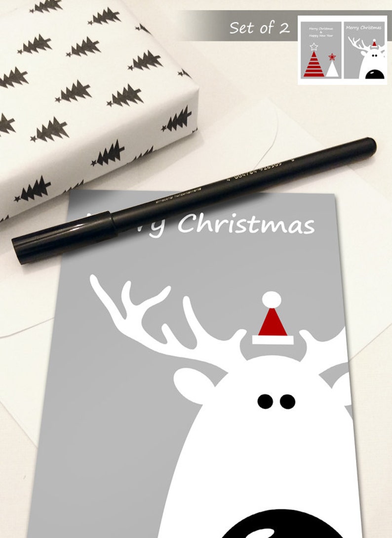 5x7 Printable Christmas Card, Instant Download Merry Christmas Card, Red And White Digital Christmas Cards, Reindeer Card image 1