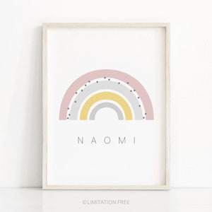 May include: A pink, yellow, and gray rainbow with black polka dots and the name "NAOMI" printed below.