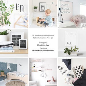 May include: A collage of images showcasing interior design ideas for a nursery. The images feature a variety of items, including a wooden playhouse, a black and white animal print, a framed quote that says "Dream Believe Achieve", a framed quote that says "Love is All", a rainbow mobile, a wooden bed with a black and white patterned sheet, and a black and white polka dot notebook.