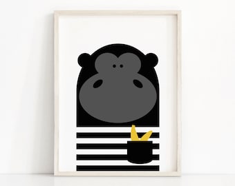 Animal Nursery Print, Gorilla Kids Print, Instant Download Kids Art, Monkey Nursery Decor, Modern Kids Wall Art, Printable Nursery Wall Art