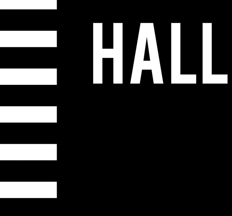 May include: Black and white logo with the word "HALL" in white text.