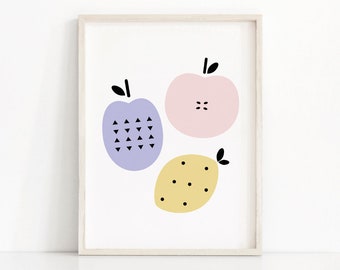 Kitchen Print, Printable Art, Fruit Print, Digital Download Art, Fruit Wall Art, Dining Room Wall Art, Kitchen Decor, Apple, Plum, Lemon