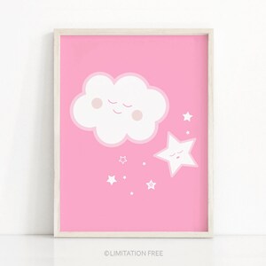 May include: A pink framed print featuring a white cloud and a white star with a sleeping face. The cloud and star have pink accents. There are smaller white stars scattered around the cloud and star.