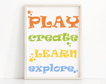 Playroom Wall Art, Nursery Quote Print, Printable Playroom Art, Play, Create, Learn, Explore Print, Playroom Print, Download Kids Art