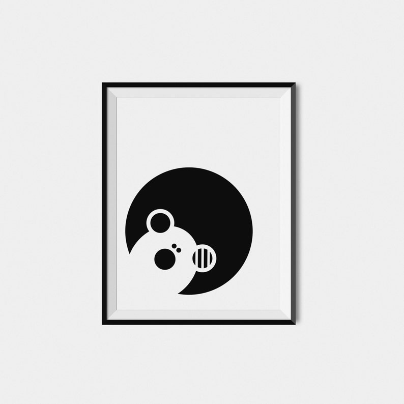 May include: Black and white minimalist art print of a bear's face in a circle.