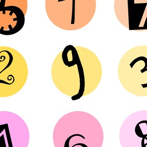 May include: Nine colorful circles with black numbers 1 through 9 inside. The circles are in a 3x3 grid pattern. The colors are pink, yellow, and orange.