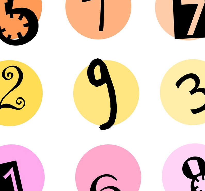 May include: Nine colorful circles with black numbers 1 through 9 inside. The circles are in a 3x3 grid pattern. The colors are pink, yellow, and orange.