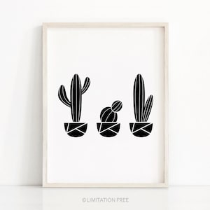 May include: Black and white geometric print of three potted cacti. The cacti are in different shapes and sizes. The print is minimalist and modern.