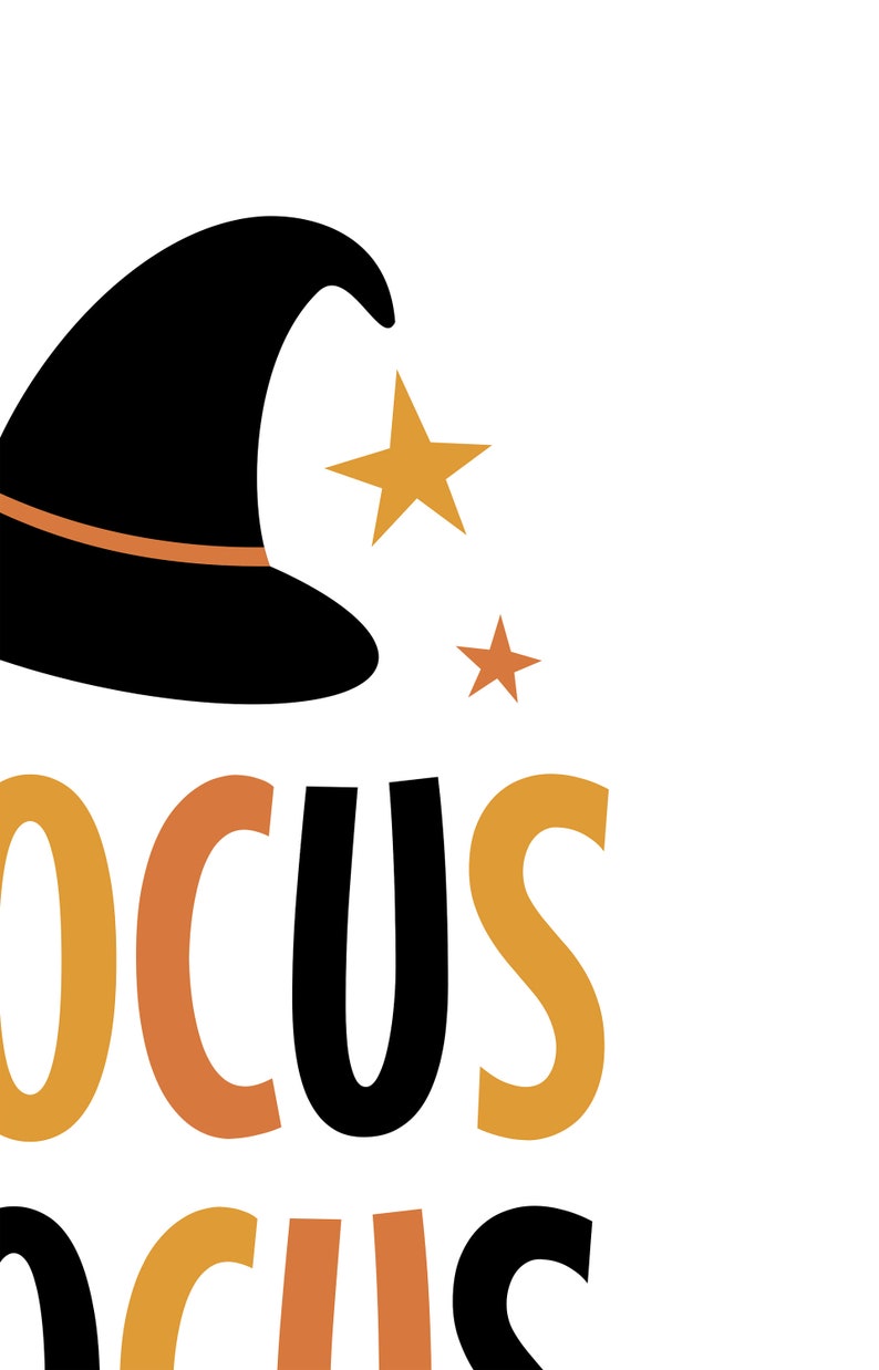 May include: A Halloween-themed graphic with the word "Hocus Pocus" in orange and black letters. A black witch's hat with an orange band and two gold stars are also featured on a white background.