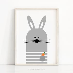 May include: A gray bunny with black eyes and whiskers holding a carrot in its pocket. The bunny is wearing a striped shirt.