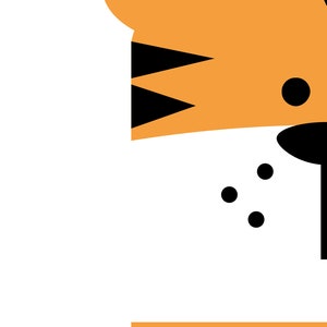 Pu&ograve; includere: Un viso di tigre da cartone animato con pelliccia arancione, strisce nere e un naso nero. La tigre sta sbirciando da dietro un set di tre strisce arancioni.