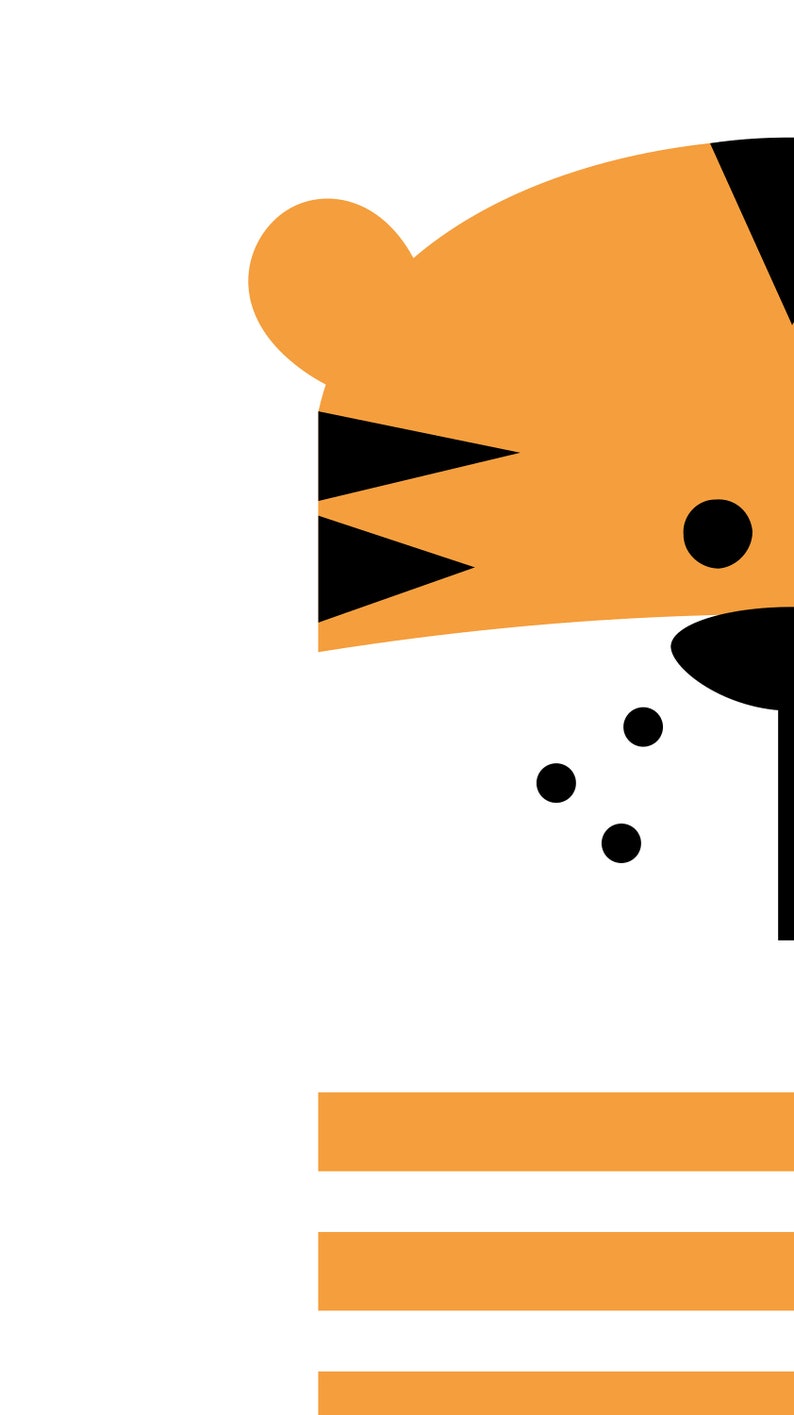 Pu&ograve; includere: Un viso di tigre da cartone animato con pelliccia arancione, strisce nere e un naso nero. La tigre sta sbirciando da dietro un set di tre strisce arancioni.