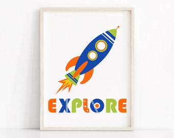 Rocket Wall Art, Kids Print, Space Nursery Print, Boys Room Print, Explore Wall Art, Space Kids Room Decor, Rocket Nursery Art Printable