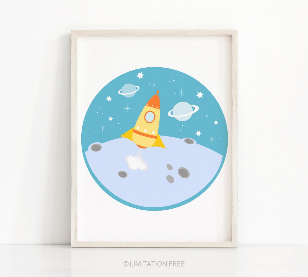 Outer Space Kids Wall Art Rocket Ship Print Boys Room Decor Etsy