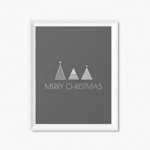 May include: A gray framed print with three stylized white Christmas trees and the text "Merry Christmas" on a dark gray background.