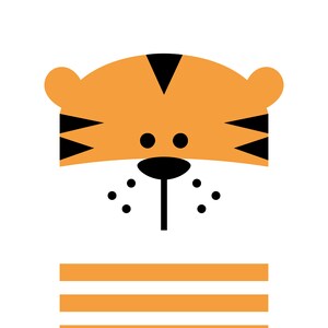 Pu&ograve; includere: Un'illustrazione di un cartone animato di un viso di tigre con pelliccia arancione, strisce nere e un naso nero. Il viso della tigre sporge da un set di strisce arancioni e bianche.