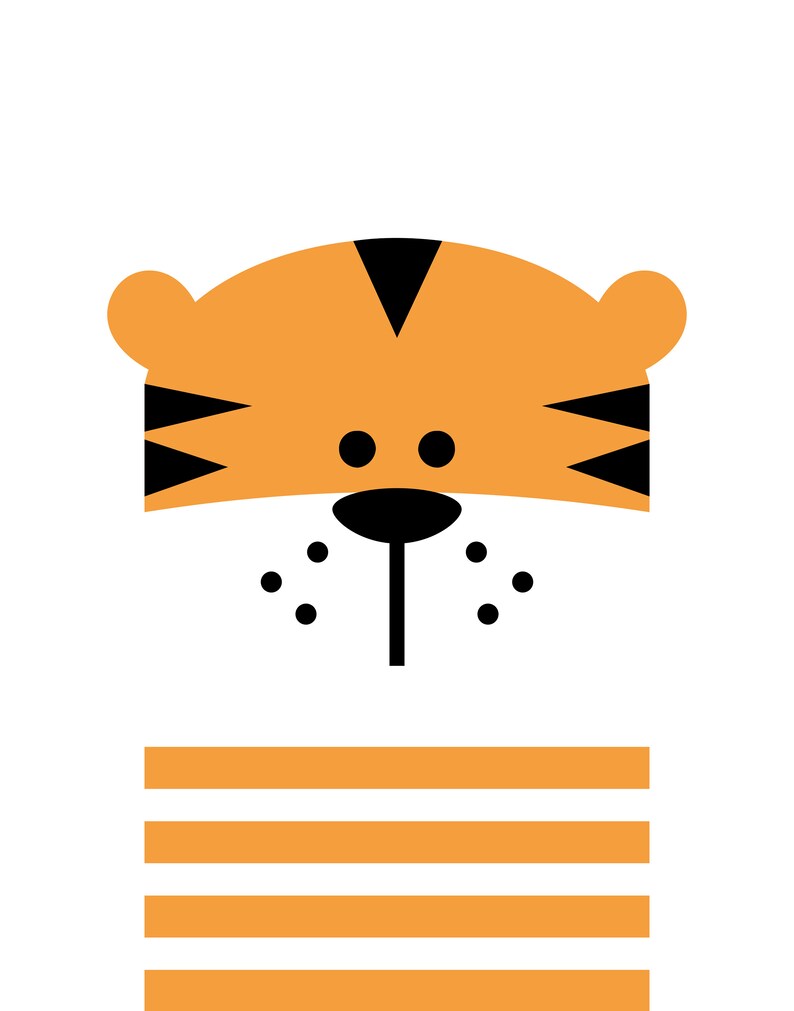 Pu&ograve; includere: Un'illustrazione di un cartone animato di un viso di tigre con pelliccia arancione, strisce nere e un naso nero. Il viso della tigre sporge da un set di strisce arancioni e bianche.