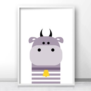 May include: A purple cartoon cow with black horns and eyes, wearing a white and purple striped shirt with a yellow bell.
