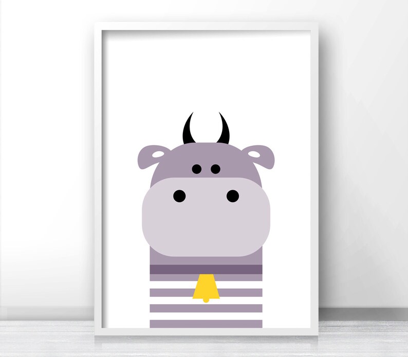 May include: A purple cartoon cow with black horns and eyes, wearing a white and purple striped shirt with a yellow bell.