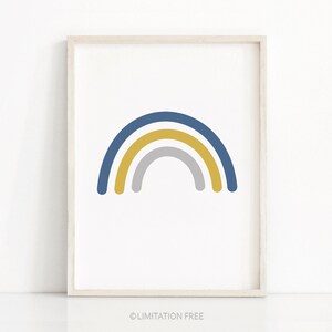 May include: A framed print of a rainbow with three arches in shades of blue, yellow, and gray. The rainbow is centered on a white background.