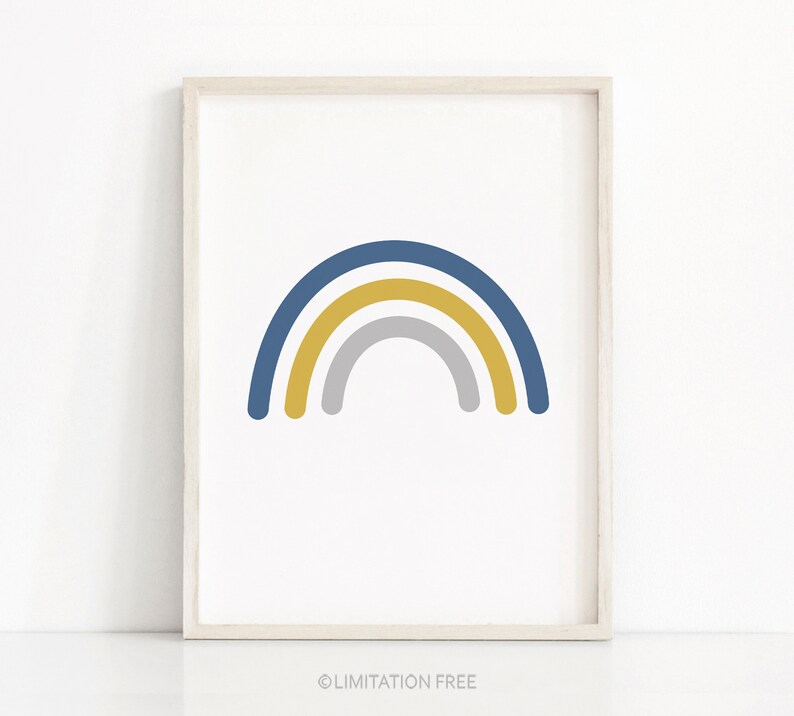 May include: A framed print of a rainbow with three arches in shades of blue, yellow, and gray. The rainbow is centered on a white background.
