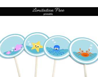 Under the sea party printable circles, Ocean printable cupcake toppers,  Sea party printable favor tags, Ocean cupcake toppers, DIY Stickers