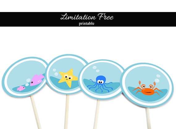 Under the sea party printable circles, Ocean printable cupcake toppers,  Sea party printable favor tags, Ocean cupcake toppers, DIY Stickers