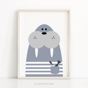 May include: A gray and white illustration of a walrus with a striped shirt and a bucket of fish. The walrus has large tusks and a friendly expression.
