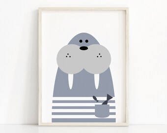 Walrus Nursery Print, Digital Download, Animal Nursery Wall Art, Kids Prints, Blue Nursery Decor, Kids Wall Art, Instant Download Printable