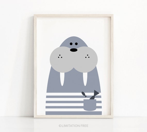 Walrus Nursery Print, Digital Download, Animal Nursery Wall Art, Kids Prints, Blue Nursery Decor, Kids Wall Art, Instant Download Printable