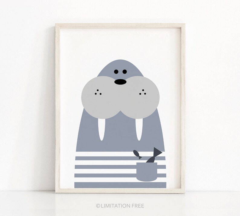 May include: A gray and white illustration of a walrus with a striped shirt and a bucket of fish. The walrus has large tusks and a friendly expression.