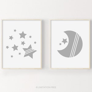 Moon And Stars Nursery Prints, Set Of Prints For Nursery, Baby Wall Art, Printable Nursery Art, Gray Nursery Decor, Gender Neutral Baby Art