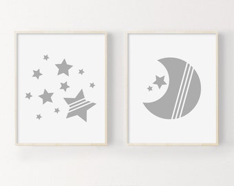 Moon And Stars Nursery Prints, Set Of Prints For Nursery, Baby Wall Art, Printable Nursery Art, Gray Nursery Decor, Gender Neutral Baby Art