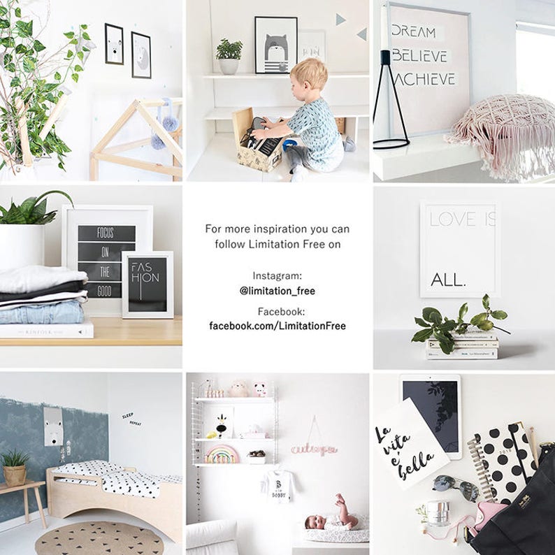 May include: A collage of images showcasing interior design ideas for a nursery. The images feature a variety of items, including a wooden playhouse, a black and white animal print, a framed quote that says "Dream Believe Achieve", a framed quote that says "Love is All", a rainbow-colored wooden toy, a white crib with a black and white patterned sheet, and a black and white polka dot notebook.