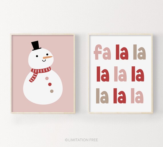 Pink Christmas Prints, Kids Christmas Wall Art, Snowman Print, Girls Christmas Decor, Cute Christmas Printables, Fa La La Print, Set of 2
