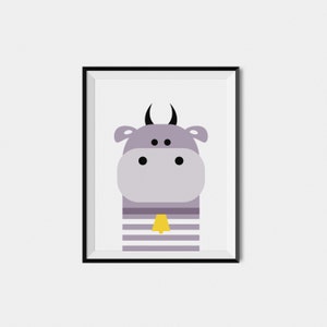 May include: A framed illustration of a purple cow with black horns and eyes. The cow is wearing a striped shirt with a yellow bell.
