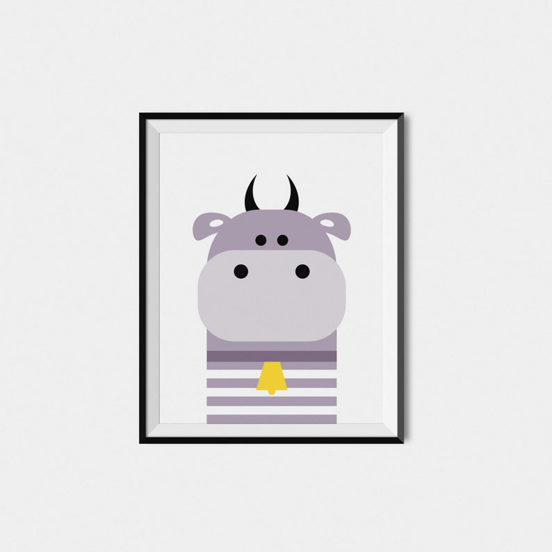 May include: A framed illustration of a purple cow with black horns and eyes. The cow is wearing a striped shirt with a yellow bell.