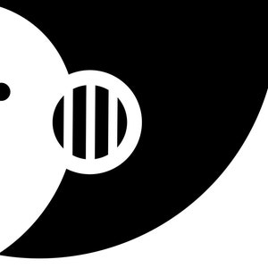 May include: Black and white yin yang symbol with a circle containing vertical bars in the black half.